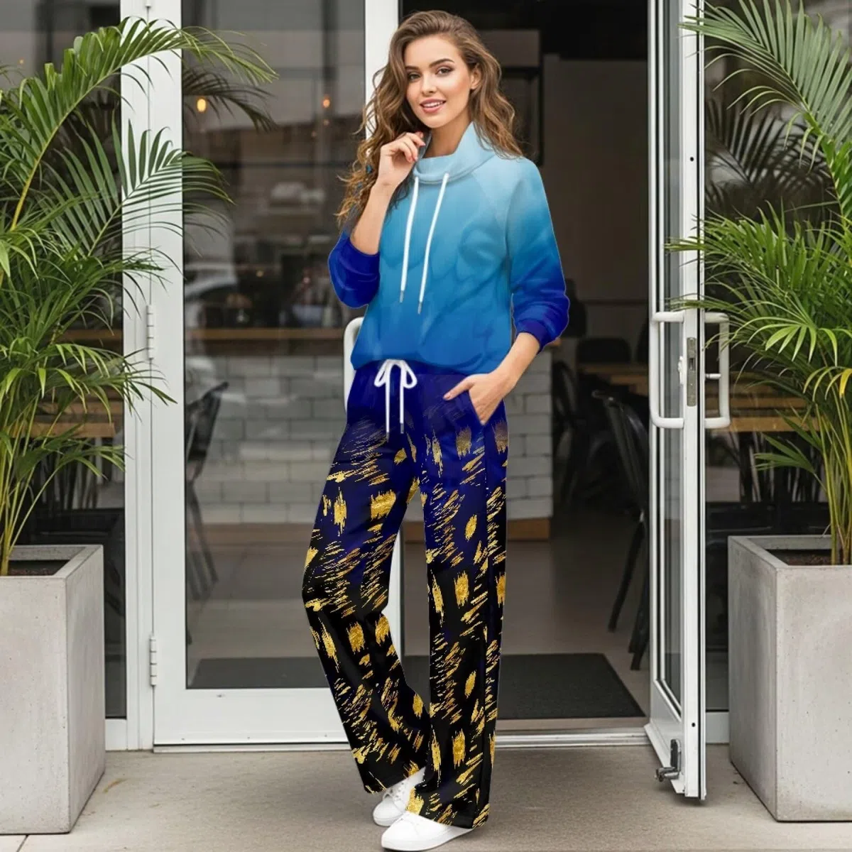 Xoenoiee Conjunto deportivo de 2 piezas con estampado de teñido anudado azul para mujer, conjunto de chándal de moda para otoño, sudadera de manga larga y pantalones deportivos de pierna ancha a juego