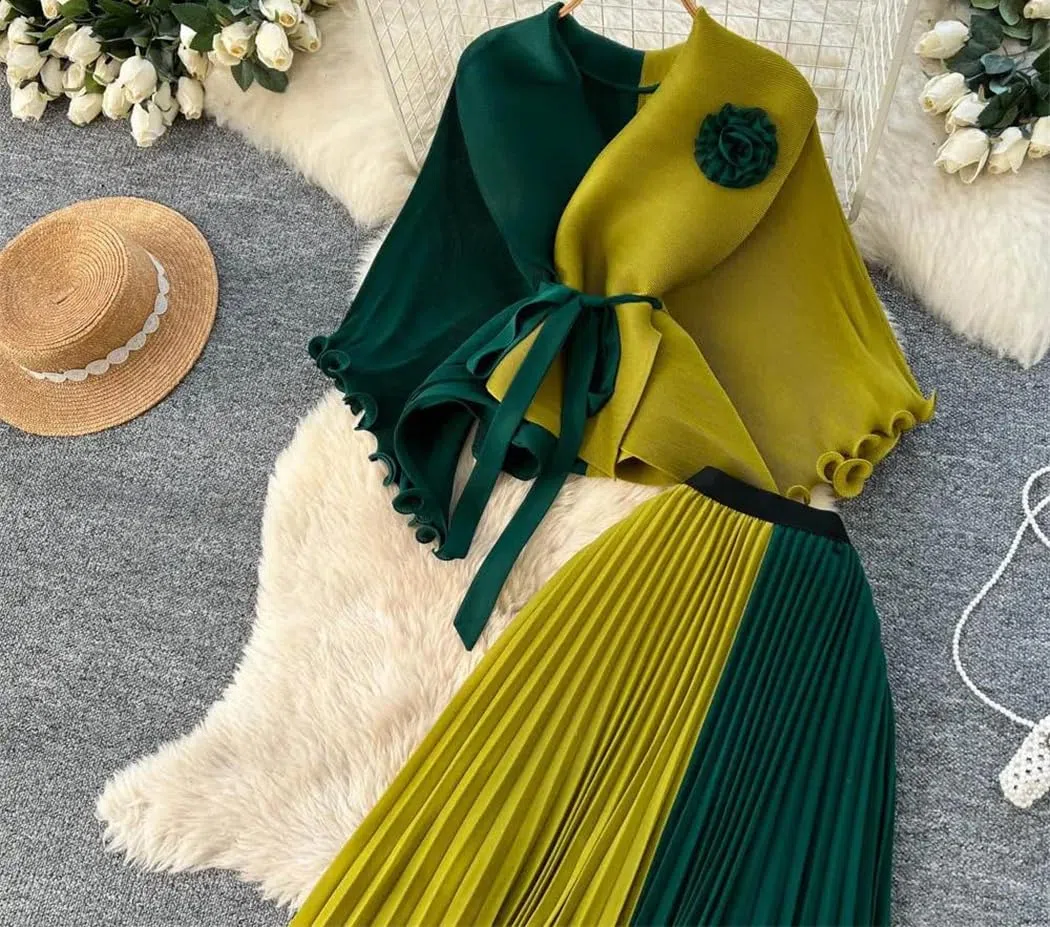 Conjunto de falda plisada de dos piezas para mujer, sin mangas, con lazo en la cintura, cintura alta, falda midi para viajes y oficina, Morado (, Altoa única