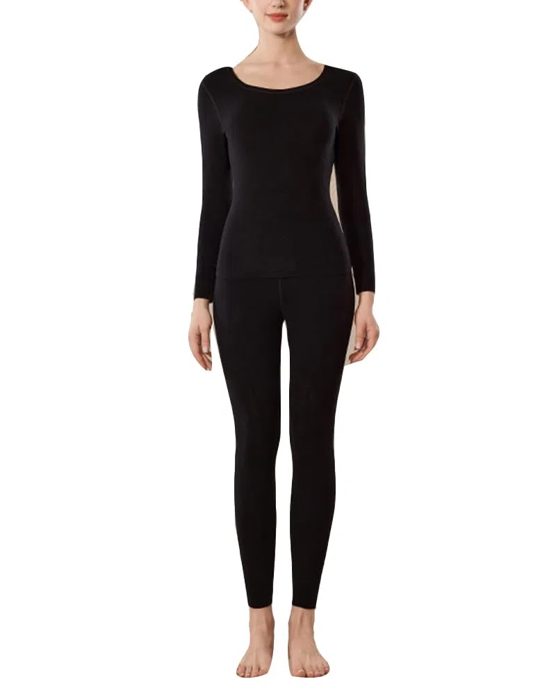 GUOCU Mujer Conjuntos de Ropa Interior Atlético Térmica Capa Base Suave de Lencería con Forro Polar Cómodo Capa Base Top Manga Larga y Leggings Lisos