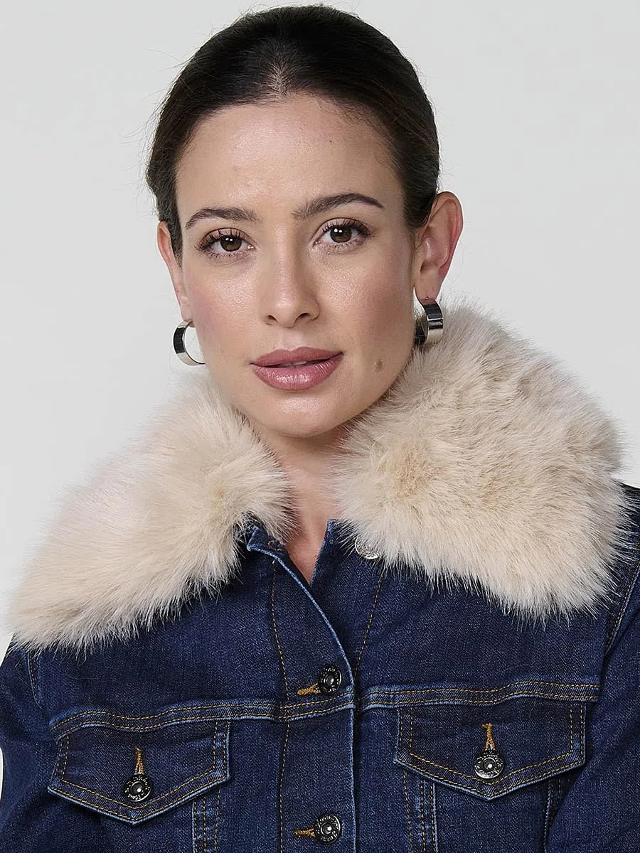 Koroshi Chaqueta cazadora vaquera denim oscuro forro interior efecto pelo y cuello pelo no animal extraíble