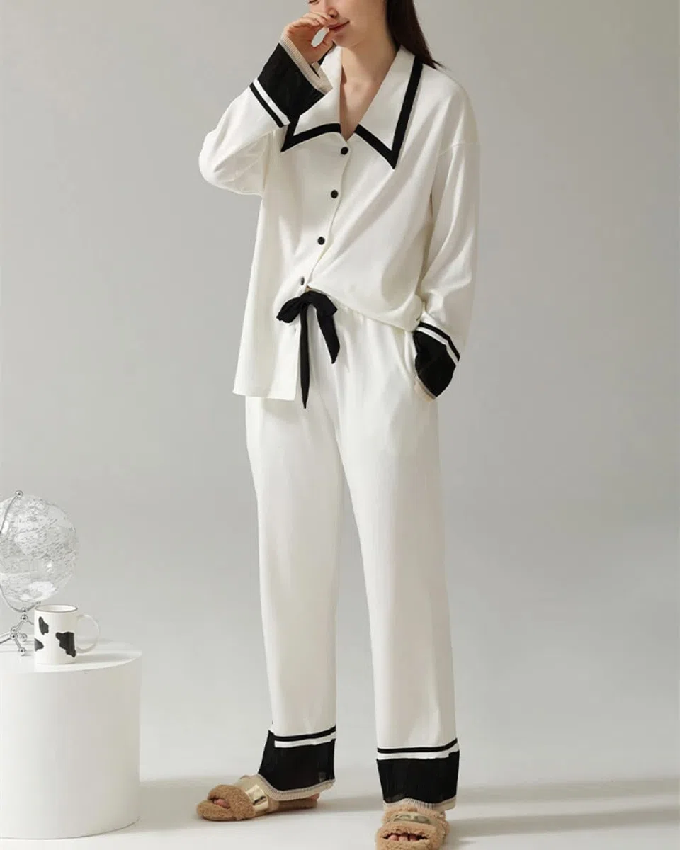 Pijama Para Mujer - Otoño Invierno Simple Versátil 100% Algodón Ropa De Dormir Conjuntos De Pijamas De Algodón Casual Manga Larga Para Mujer Pjs Top Amp; Pantalones Ropa De Dormir Cozy Soft Loung