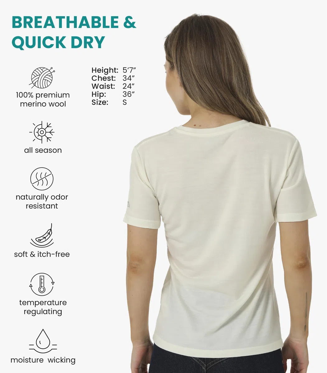 Merino.tech Camiseta Lana Merino Mujer — 100% Merino Lana Camiseta Interior Mujer con Calcetine (Large, Creamy V-Neck)