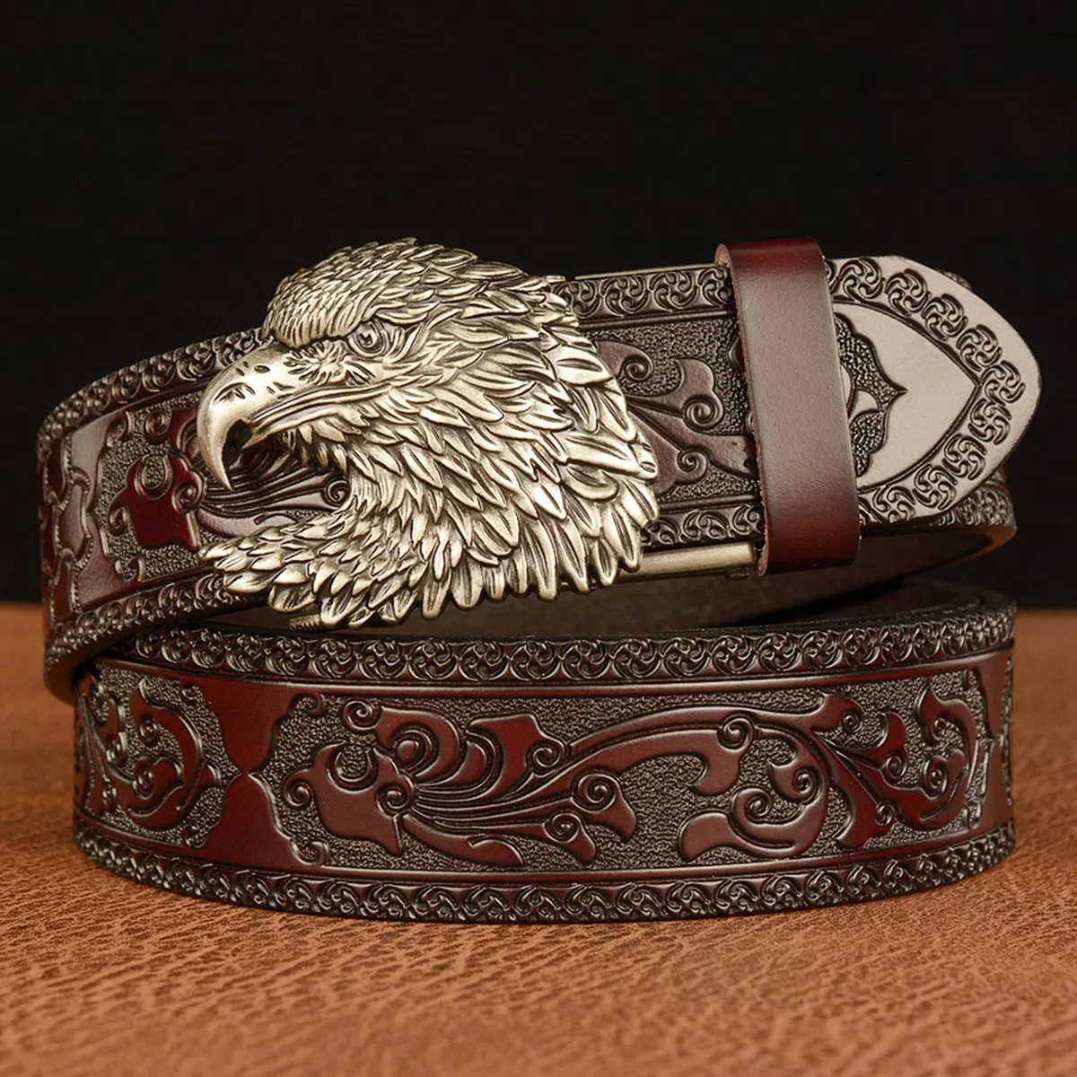Cinturón De Trinquete Deslizante Clásico Con Hebilla Automática Tallada Águila, Cinturón Trabajo Moda Cuero Repujado (cintura 110 Cm/36 "~ 38", Marrón)