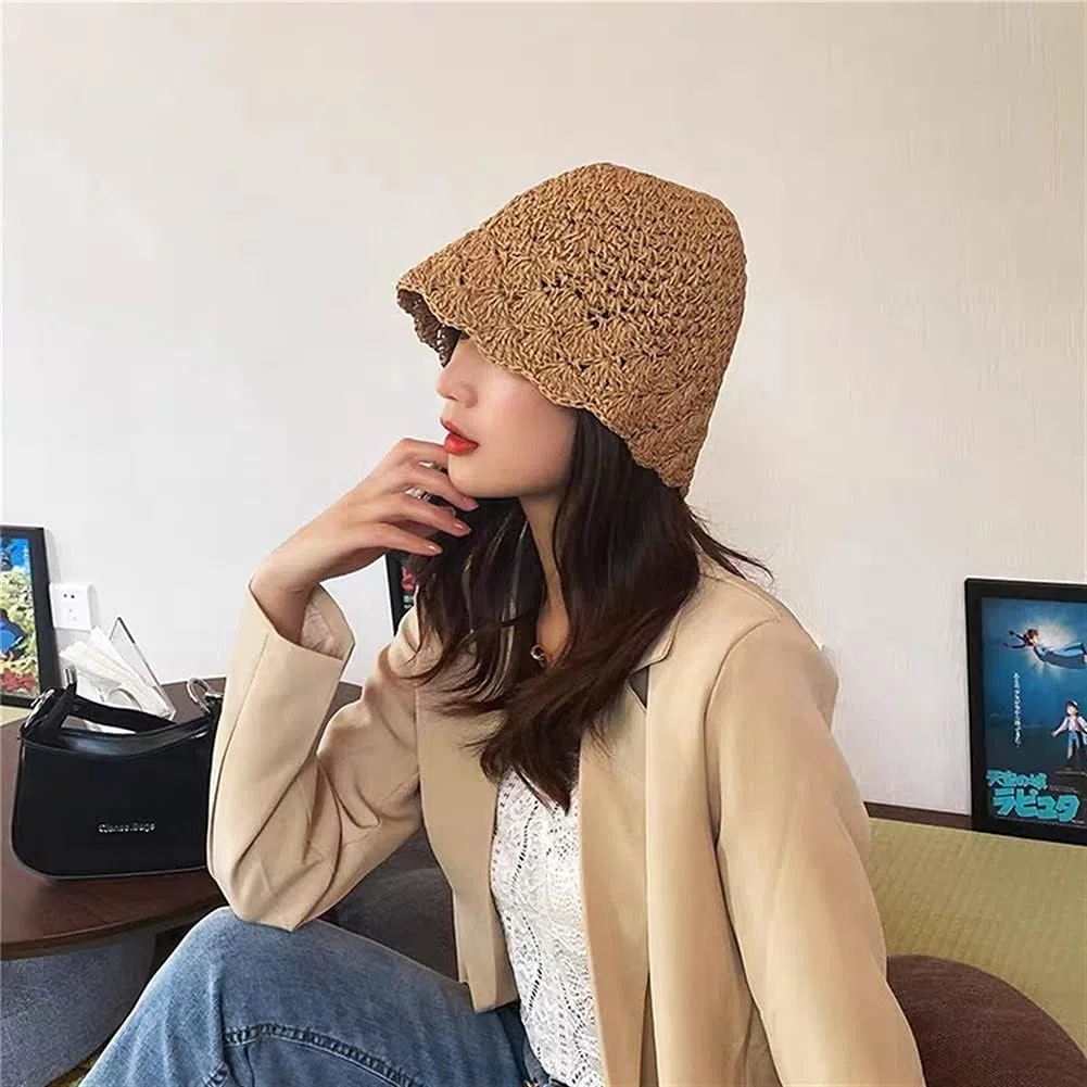 Verano Mujer Vacaciones Sombrero de Paja señora Visera Gorra Cubo Playa al Aire Libre Chica (Brun Mcode)