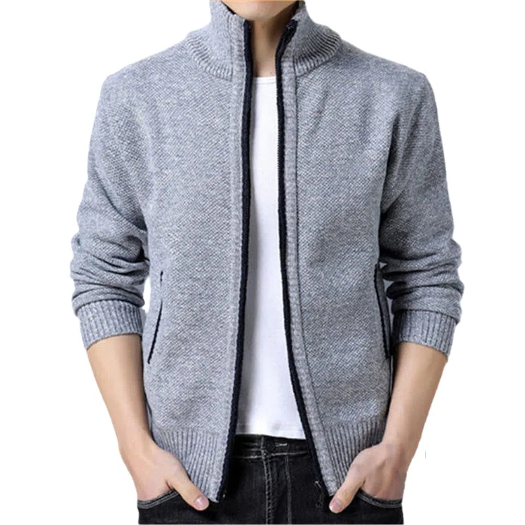Vogrtcc Chaqueta térmica de punto Otoño/Invierno de los hombres Suéter de punto con cremallera Chaqueta casual Plus Size, Light Gray, XL