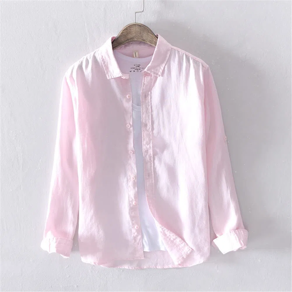 Vsadsau Camisa vintage de manga larga 100 % lino para hombre, estilo casual, L610 Azul Claro, 3XL