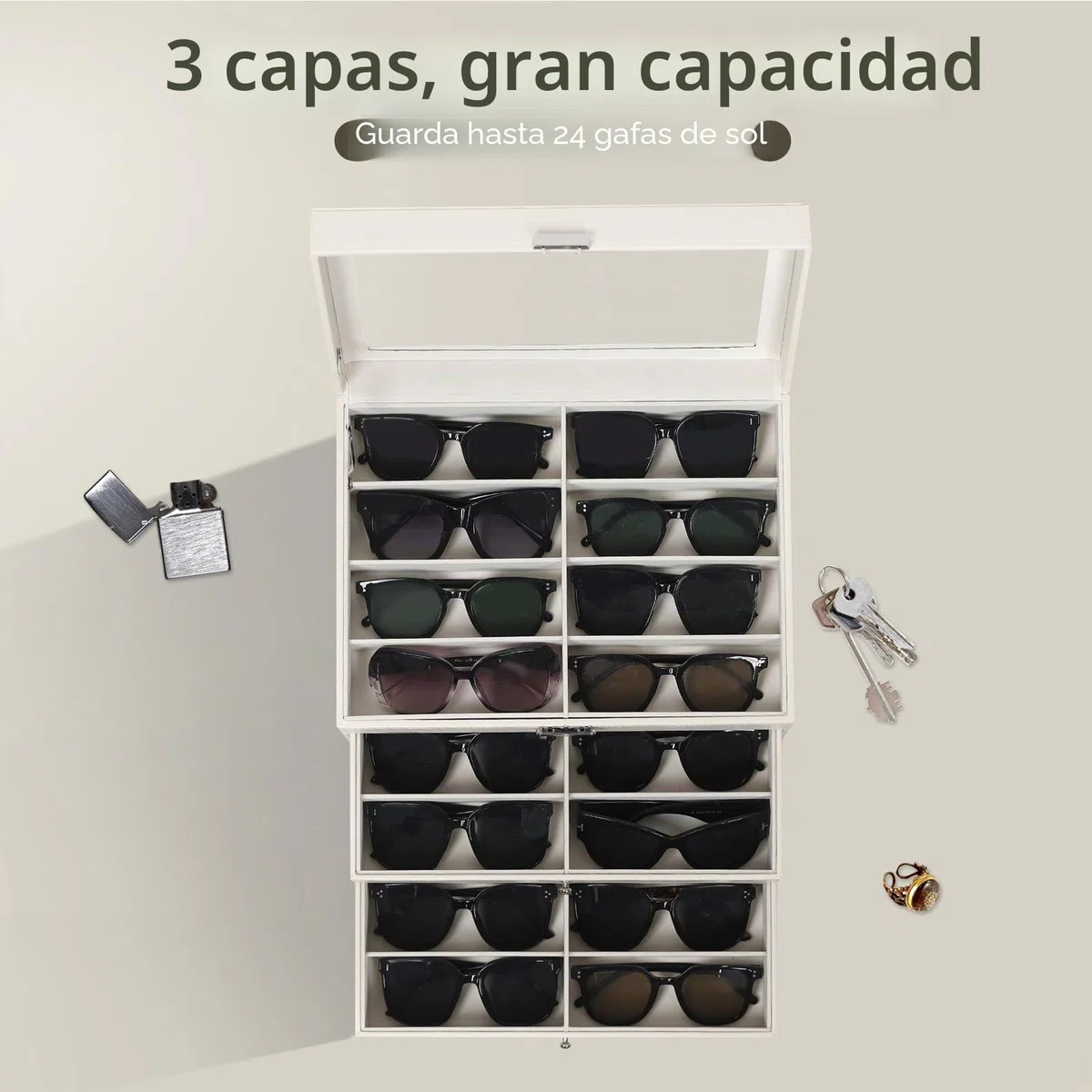 AUTOARK Tapa transparente de cuero,24 piezas,Almacenamiento para gafas y gafas de sol,Organizador con cerradura,Beige,MKAW047