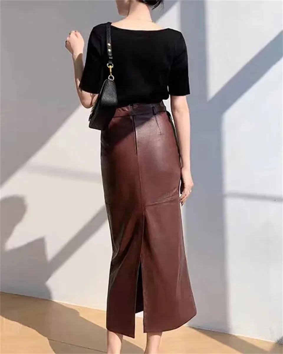 Falda larga de cuero para mujer, corte recto, adelgazante, color liso, con abertura en la espalda