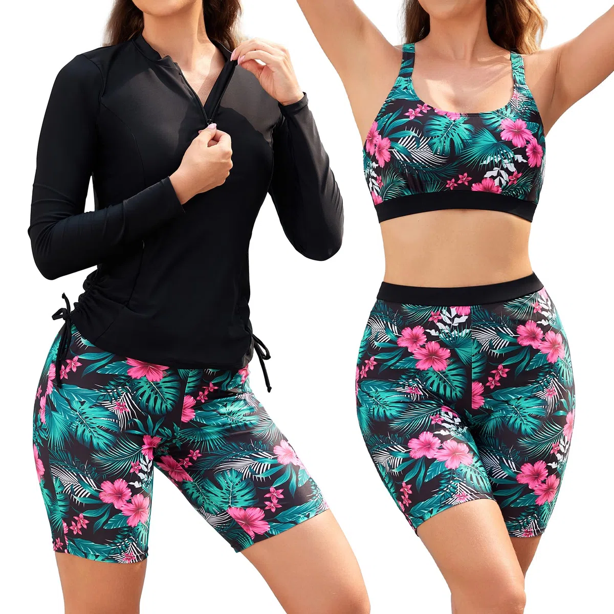 SHEKINI Conjunto de traje de baño de 3 piezas para mujer, brasier integrado, camiseta sin mangas de manga larga con cremallera, pantalones cortos, parte inferior de traje de baño