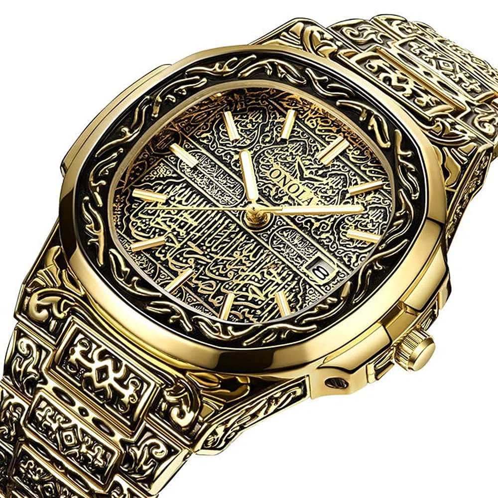 Relojes de cuarzo retro de los hombres con patrón de tatuaje tallado pulsera de acero inoxidable calendario impermeable reloj de pulsera