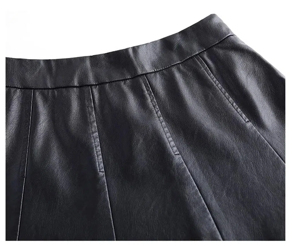Falda corta de piel sintética para mujer, cintura alta, elegante, para oficina, falda acampanada