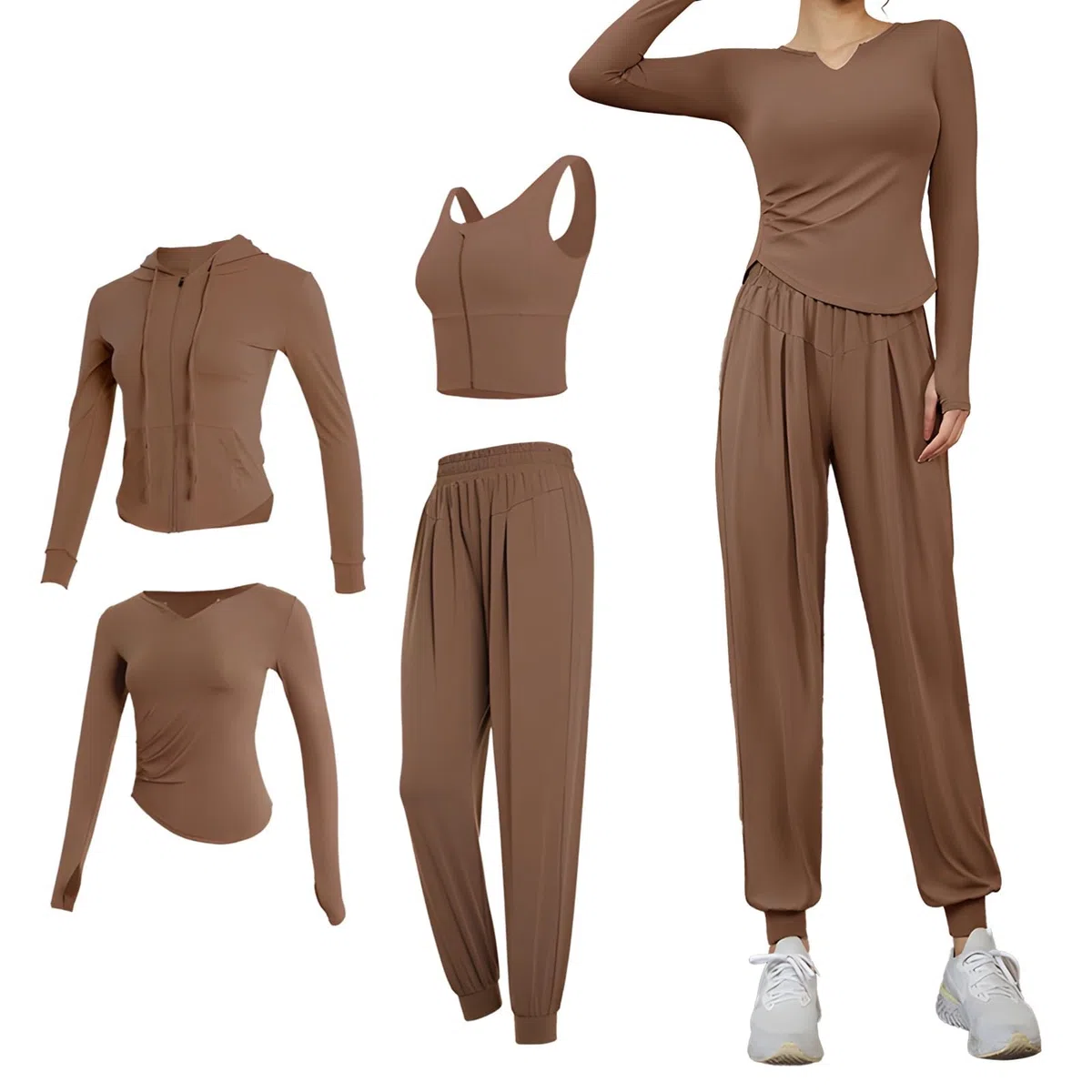 Conjunto de entrenamiento de manga larga para mujer, 4 piezas, poliéster y elastano, tela transpirable, tamaño XXL, ideal para fitness y looks casuales, marrón, Talla única