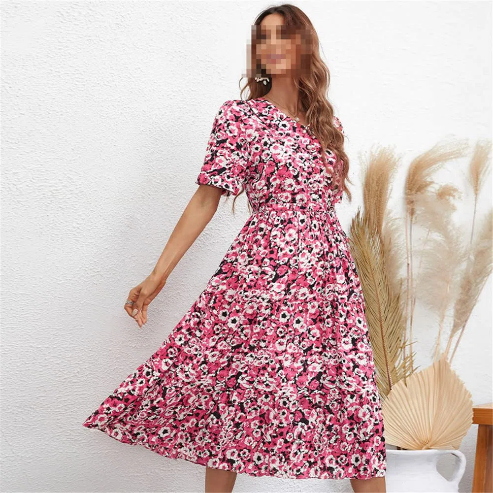 Vsadsau Vestido largo de manga corta con estampado floral para mujer, vestido de verano, oficina, fiesta, casual, acampanado, vestido midi