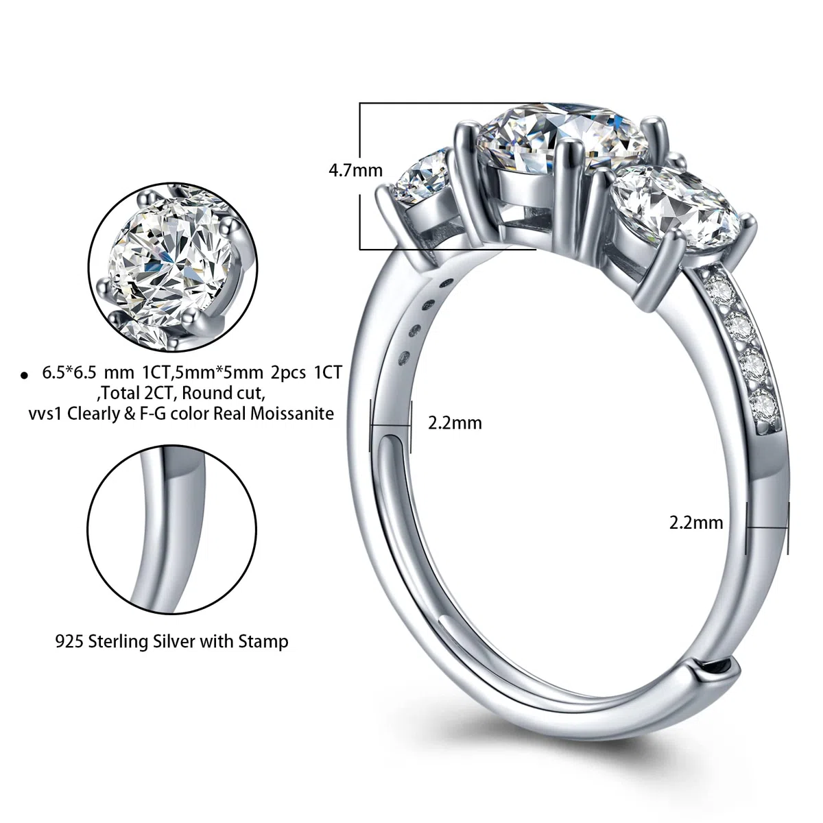 Anillo de compromiso ajustable de moissanita de 1 quilate de plata de ley 925 con solitario