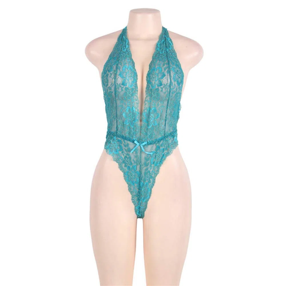 Conjuntos de lencería de Mujer Ropa Interior Pijama Transparente Encaje de una Pieza (Azul Talla única (Recomendada 90)
