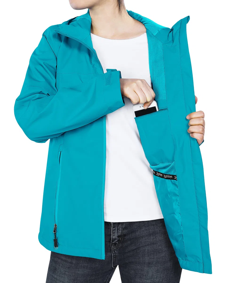 33,000ft Chaqueta impermeable para mujer, chaqueta de entretiempo transpirable, chaqueta ligera con capucha, cortavientos para senderismo, viajes, ciclismo, azul verde, 38