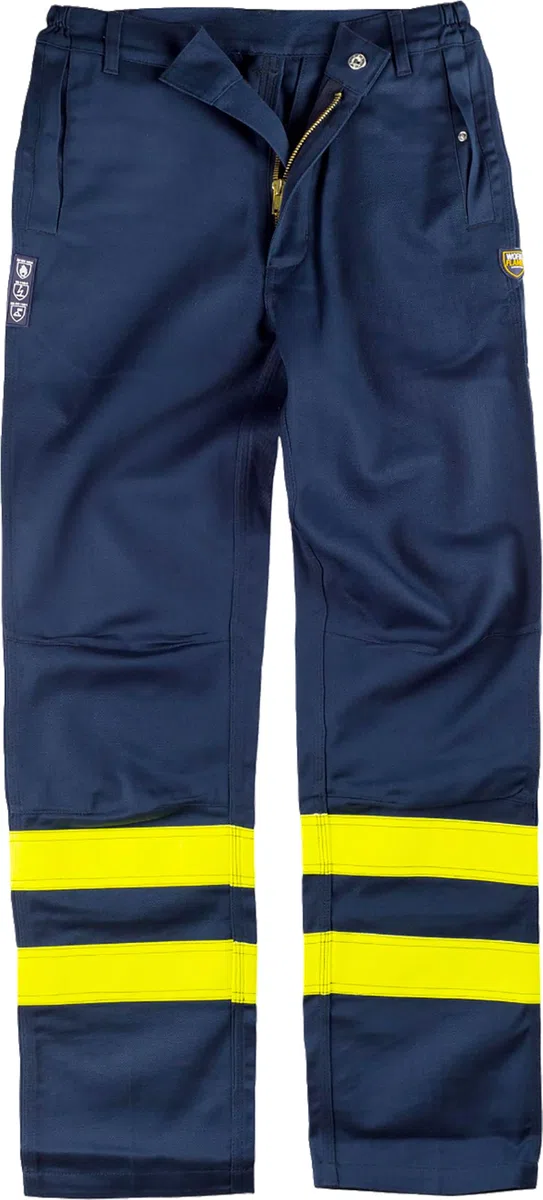 WORKTEAM Pantalón Soldador Ignífugo y Antiestático, con Cintas Reflectantes Amarillas, Triple Costura, Cintura Elástica y Bolsillos Seguridad, Norma EN ISO 11611 Clase 1.Hombre