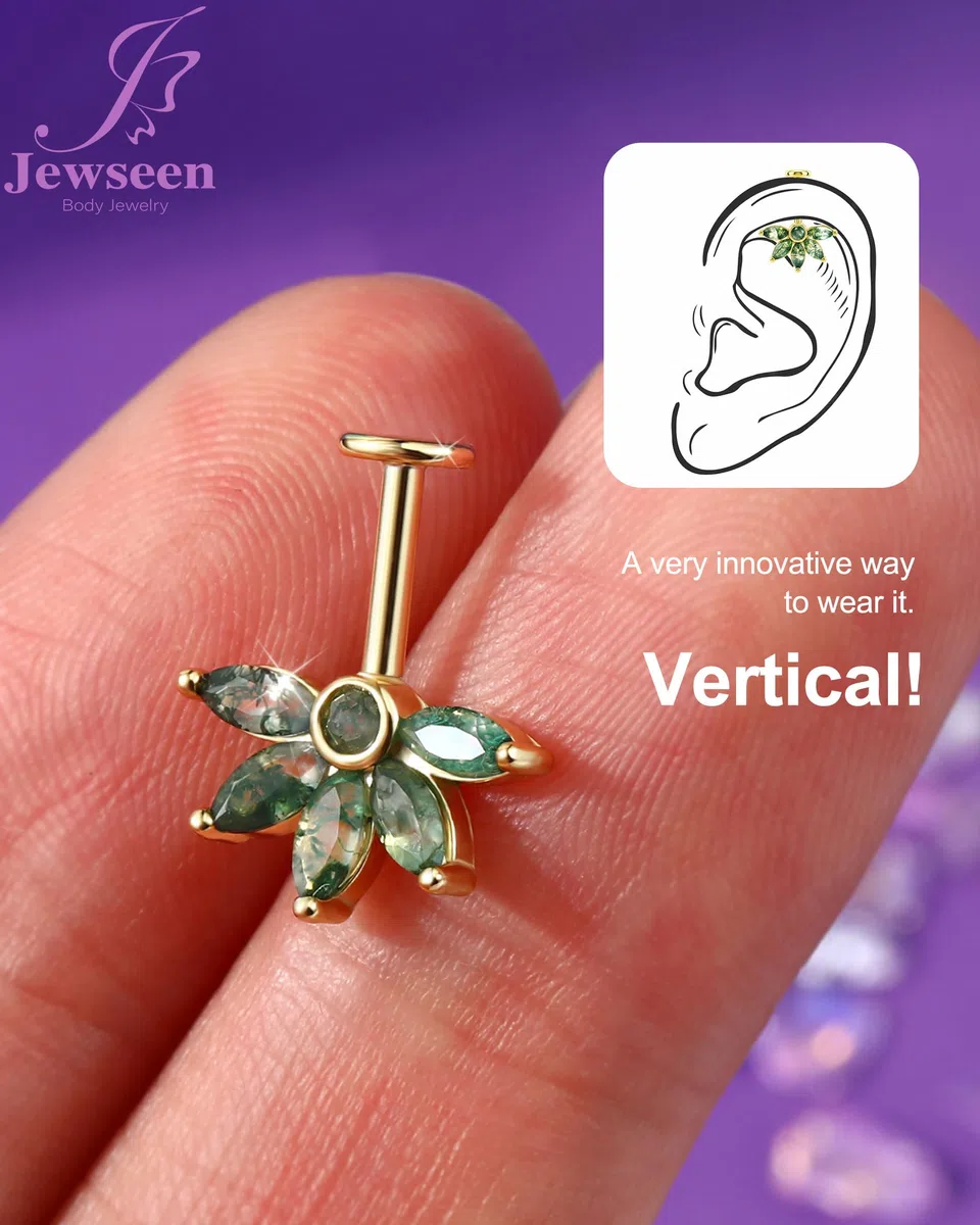 Jewseen Pendiente vertical oculto en forma de hélice, ágata, parte trasera plana, flor, cartílago, plata de ley 925, aretes de trago con rosca interna, joyería de 16 g, 6 mm