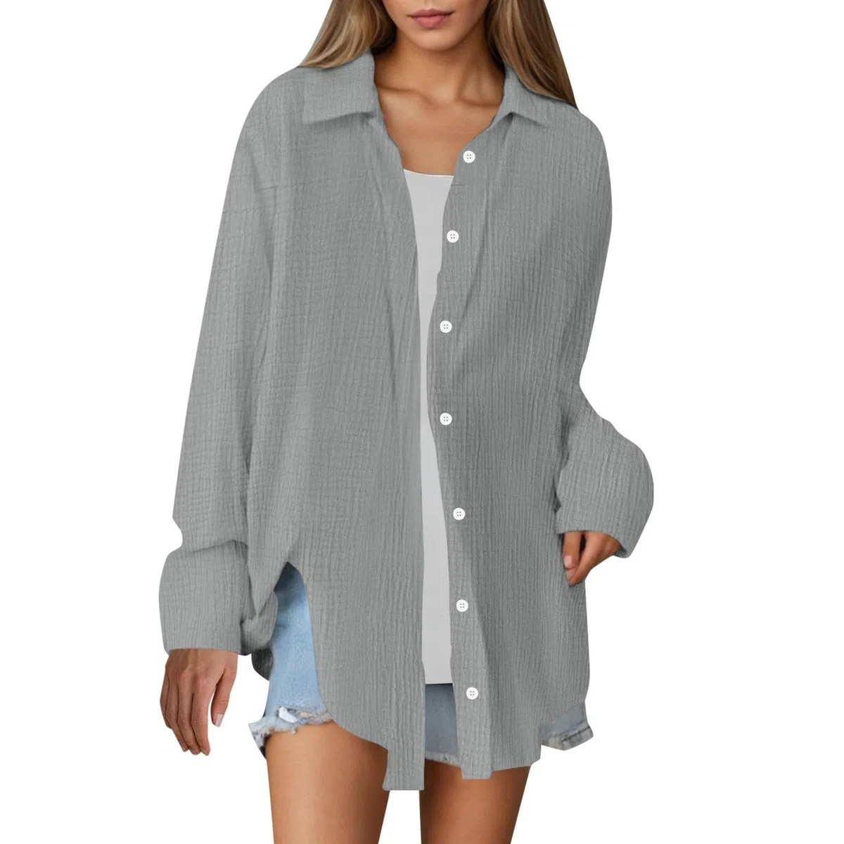 Camisas de lino con botones para mujer, de verano, transpirables, de manga larga, con cuello, de lino, algodón, a la moda, casuales, holgadas, de muselina, de gran tamaño, ligeras, color liso