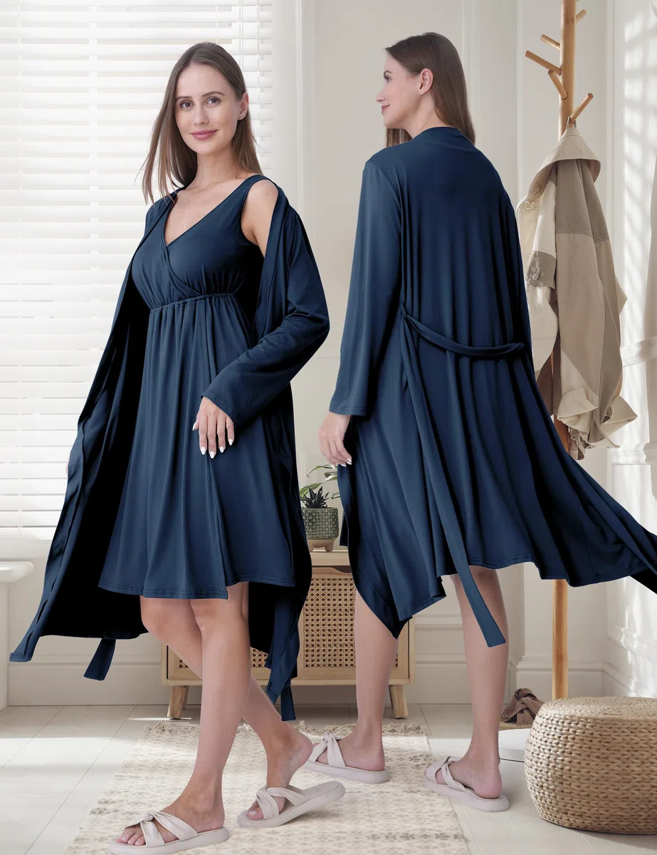 SUNNYBUY Camisón de maternidad y lactancia con bata, 2 piezas, juego de vestido de noche 3 en 1 para el parto, el parto y la lactancia, ropa de dormir hospital, azul marino, S