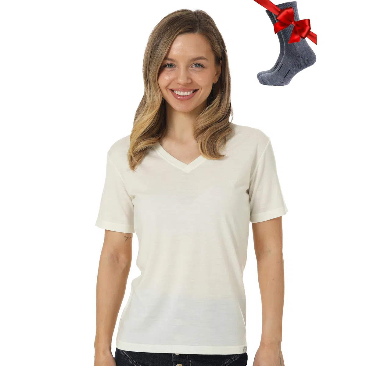 Merino.tech Camiseta Lana Merino Mujer — 100% Merino Lana Camiseta Interior Mujer con Calcetine (Large, Creamy V-Neck)