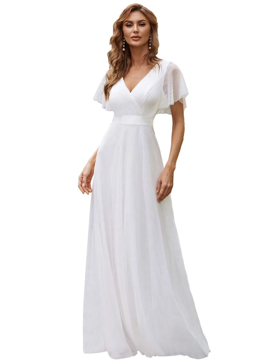 Ever-Pretty A-línea Tul Vestido de Noche Manga Corta Cuello en V Largo para Mujer 07962