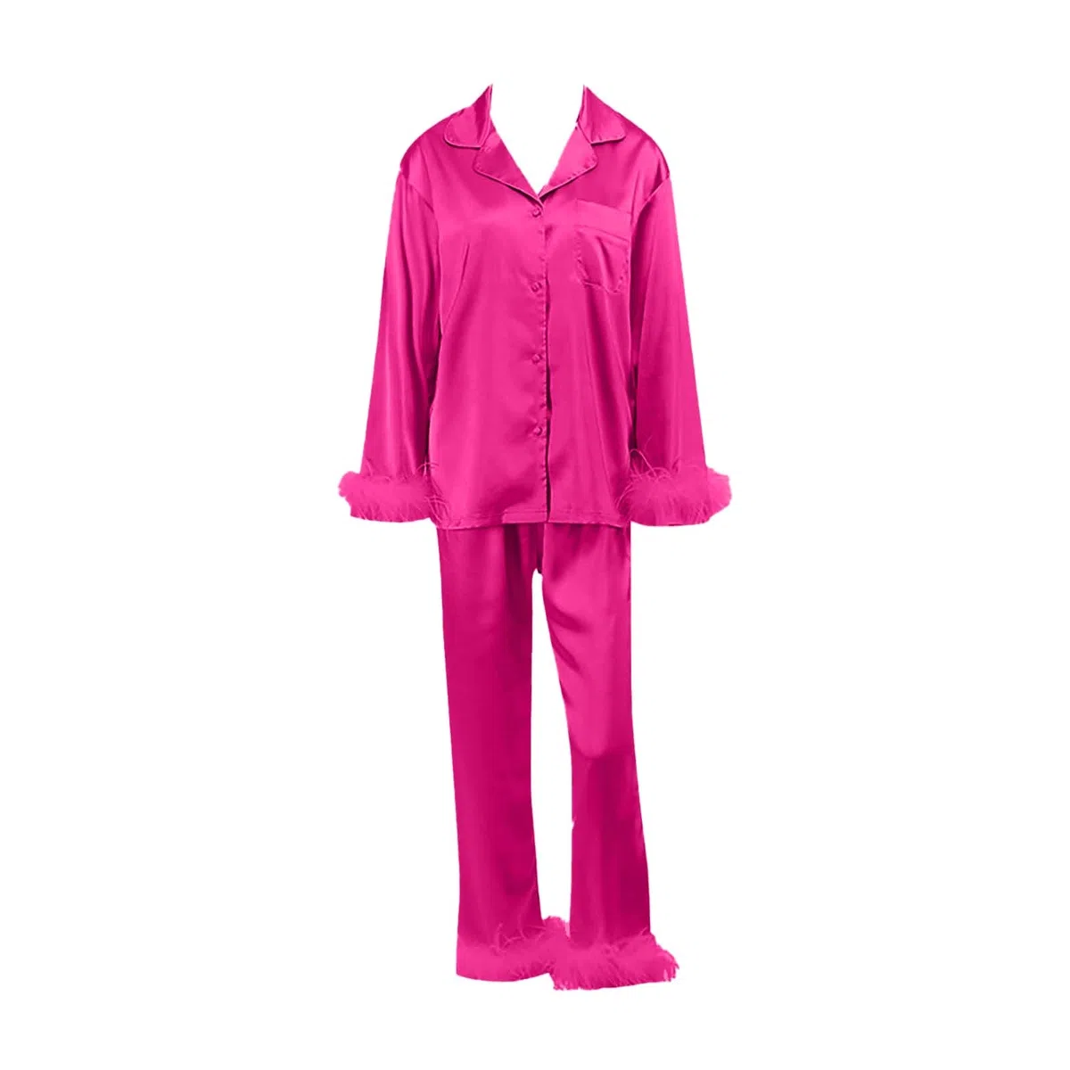 Conjunto de pijama de satén para mujer, parte superior con botones frontales, mangas largas, pantalones a juego, ribete de plumas, suave, ligero, comodidad nocturna para dormir, descansar en casa