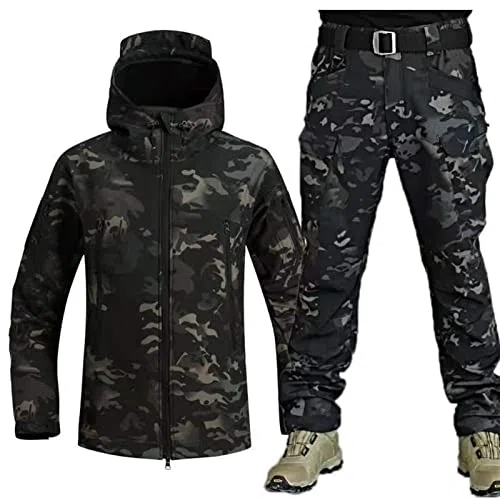Conjunto de pantalones tácticos de concha suave, uniforme de camuflaje impermeable con capucha, ropa ligera para exteriores para hombre