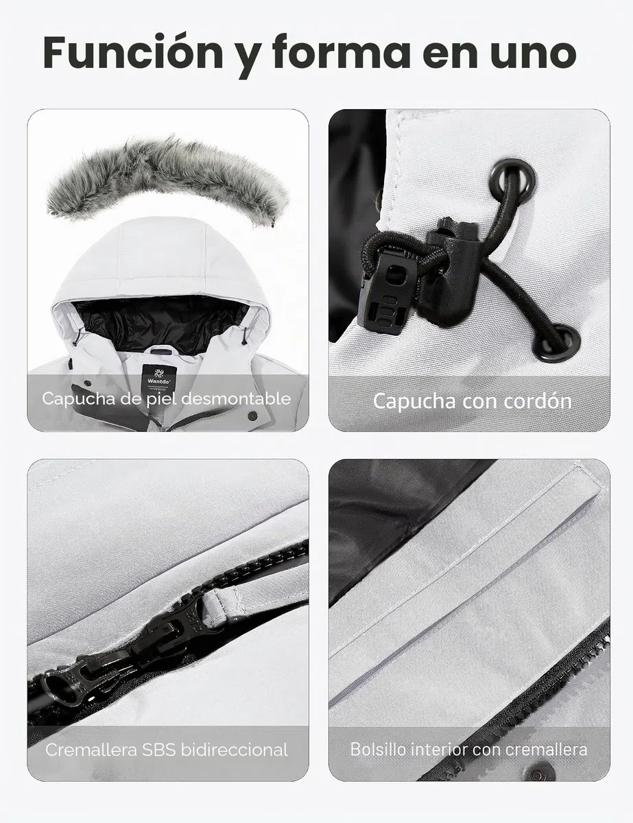 Wantdo Chaqueta de Invierno de Pluma para Hombre Impermeable Cortaviento de Longitud Media Versátil Abrigo con Capucha de Piel para Viajes Nieve