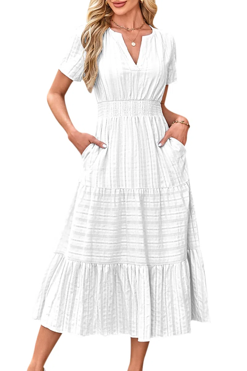 VEVESMUNDO Vestido de verano para mujer, manga corta, de algodón, informal, línea A, cuello redondo, vestido informal, vestido de lino, vestido largo con bolsillos