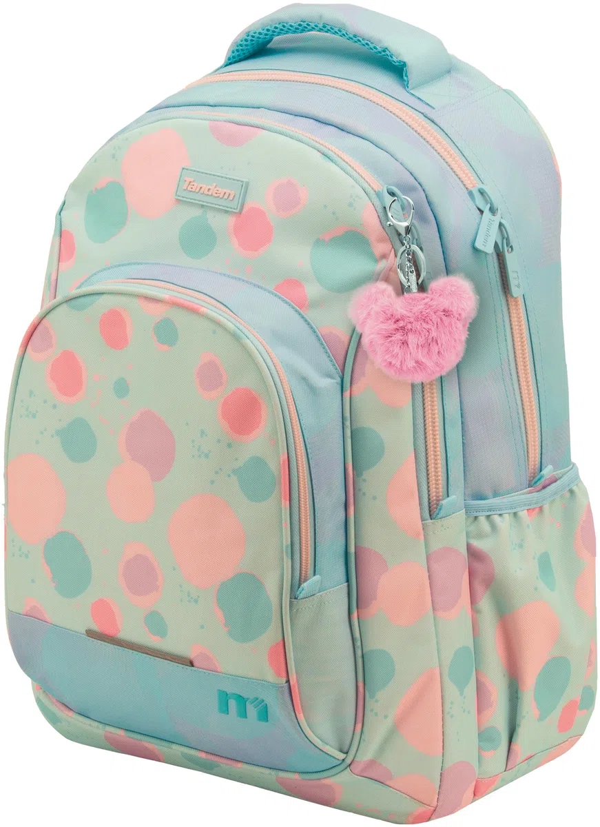 Sportandem Tandem mochila escolar doble cuerpo con compartimento acolchado para portátil, 23 L, bolsillos para botella y organizador, verde pastel/celeste/rosa