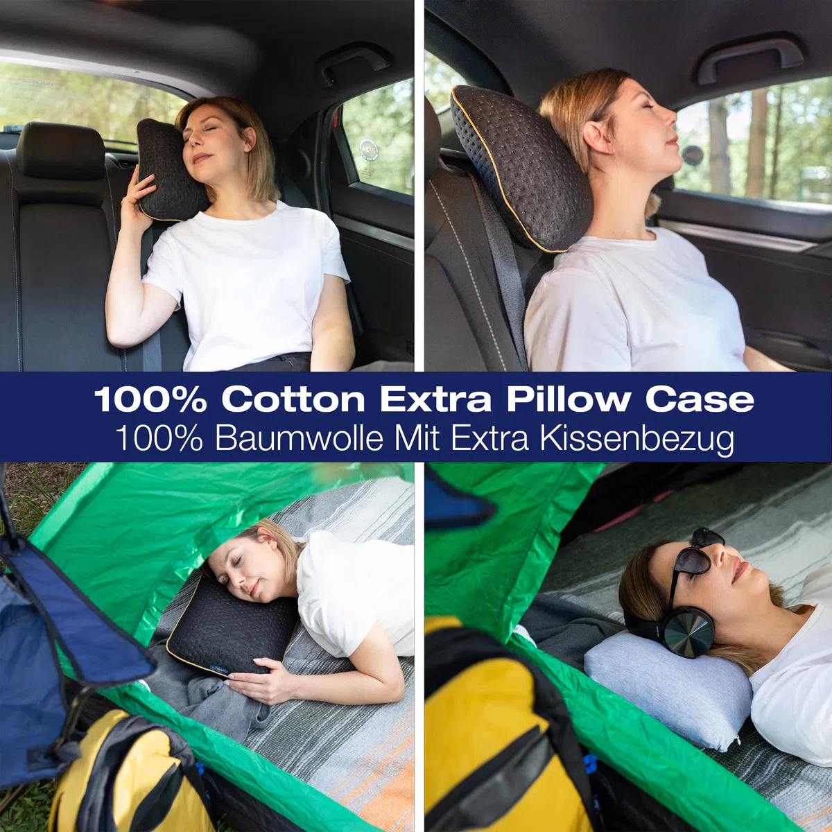alkamto Almohada de Viaje Almohada de Camping – Espuma viscoelástica con Funda de algodón Adicional – Bolsa incluida (40 x 25 x 10 cm), Color Negro