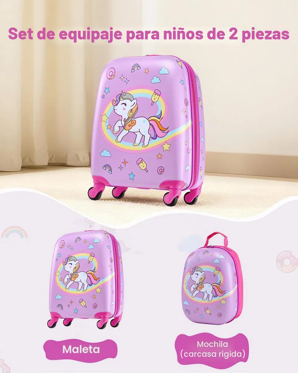 VEVOR Juego de Maletas para Niños 2 Piezas, Maleta de Cabina con Ruedas 45,7 cm Mochila de Carcasa Dura, Patrón Unicornio Rosado, Equipaje Infantil para Escuela Viaje Camping, Aprobado por Aerolíneas