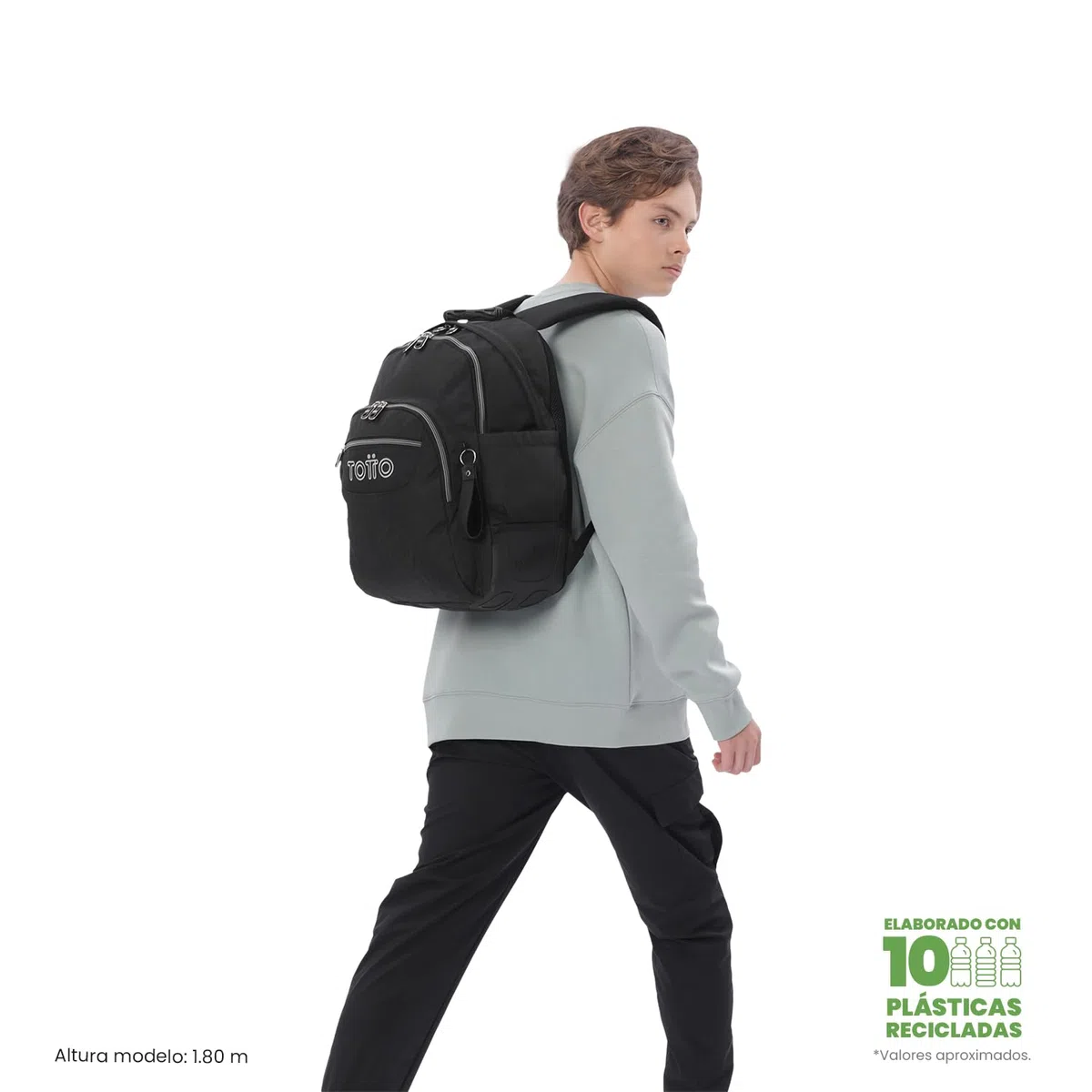 TOTTO - Mochila Escolar Grande, Modelo Rayol Ecole Solid, Capacidad 19 L, 3 Compartimentos, 2 Bolsillos Botella, Bolsillo PC 14", Espaldar Ergonómico con Flujo de Aire, Correas en S, Color Negro