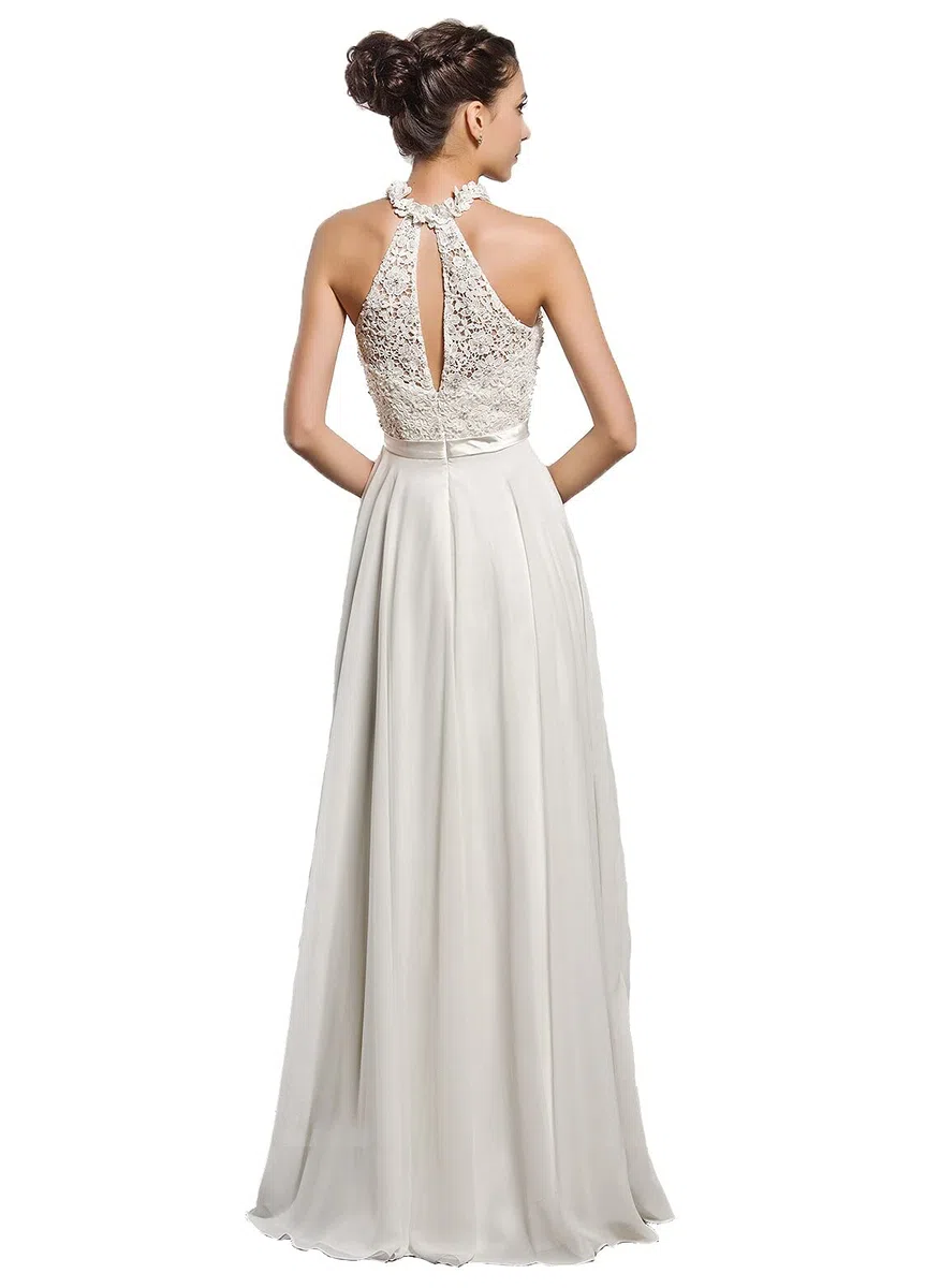 Dinavian - Vestido largo de gasa para mujer, cuello redondo, fiesta, dama de honor, vestido de novia