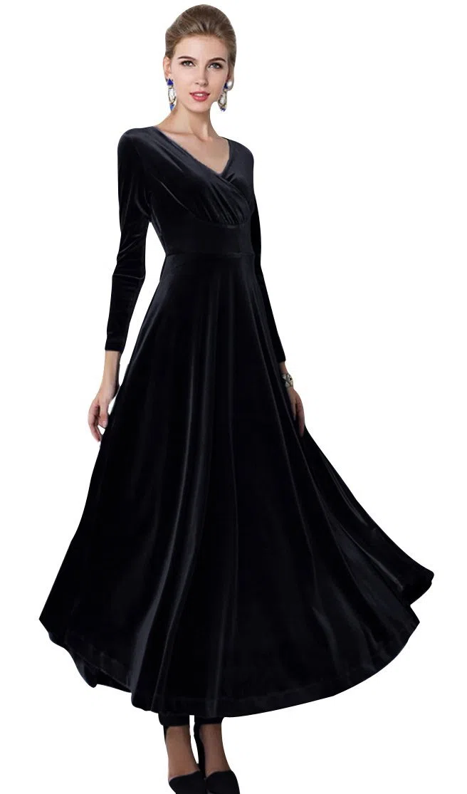 Urban GoCo Mujeres Vestidos Terciopelo Largo Elegante V-Cuello Manga Larga Maxi Vestidos para Cóctel Fiesta