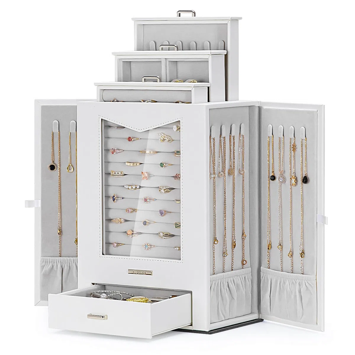Homde Joyero con ventana de cristal real, collares, ganchos, joyero, armario para collares, anillos, pendientes, pulseras, regalo para mujeres, color blanco | Organiza collares, anillos, relojes y pendientes, mesa de tocador, ventana transparente y gancho