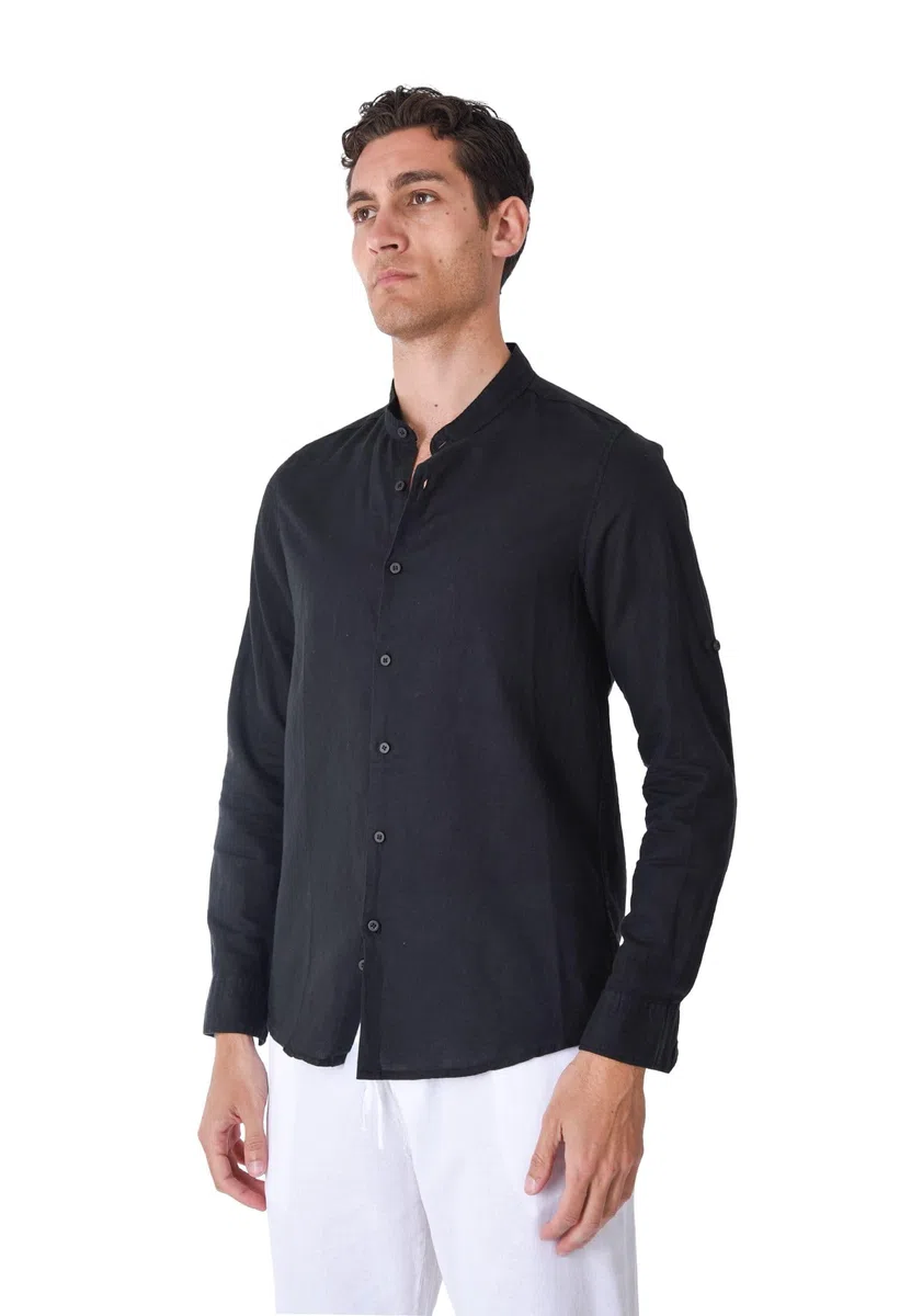 Camisa de hombre 100% lino cuello coreano blanco azul beige celeste negro rosa verde manga larga verano Slim Fit Serafino Sartorial Mangas revolables Negro XL